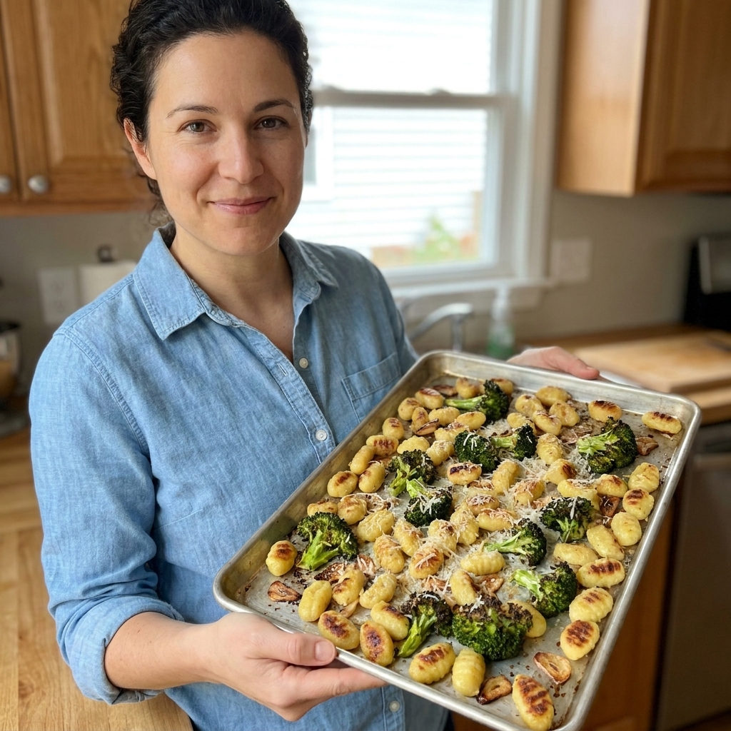 Crispy roasted gnocchi tossed with charred broccoli florets and grated parmesan on a sheet pan, with visible browned edges and bits of garlic