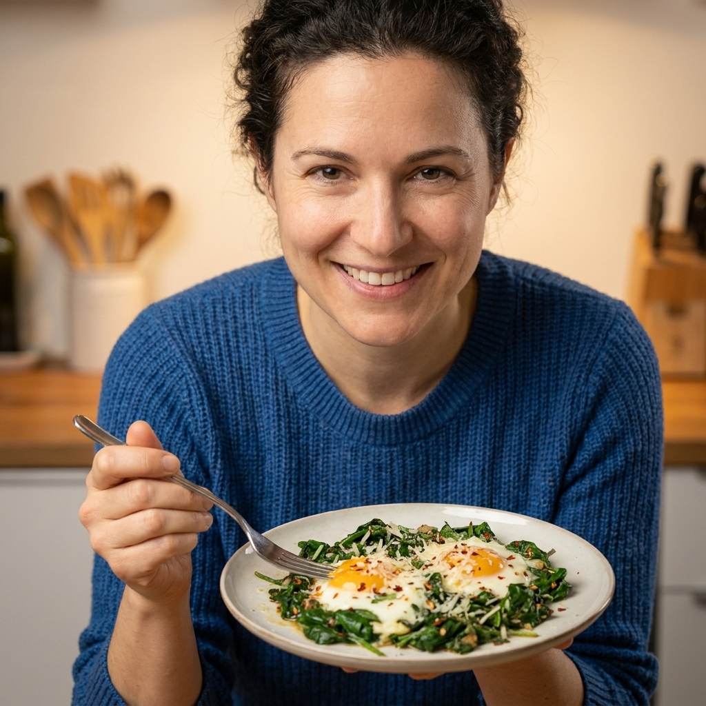 Eggs cooked over wilted spinach and herbs, finished with grated parmesan and chili flakes