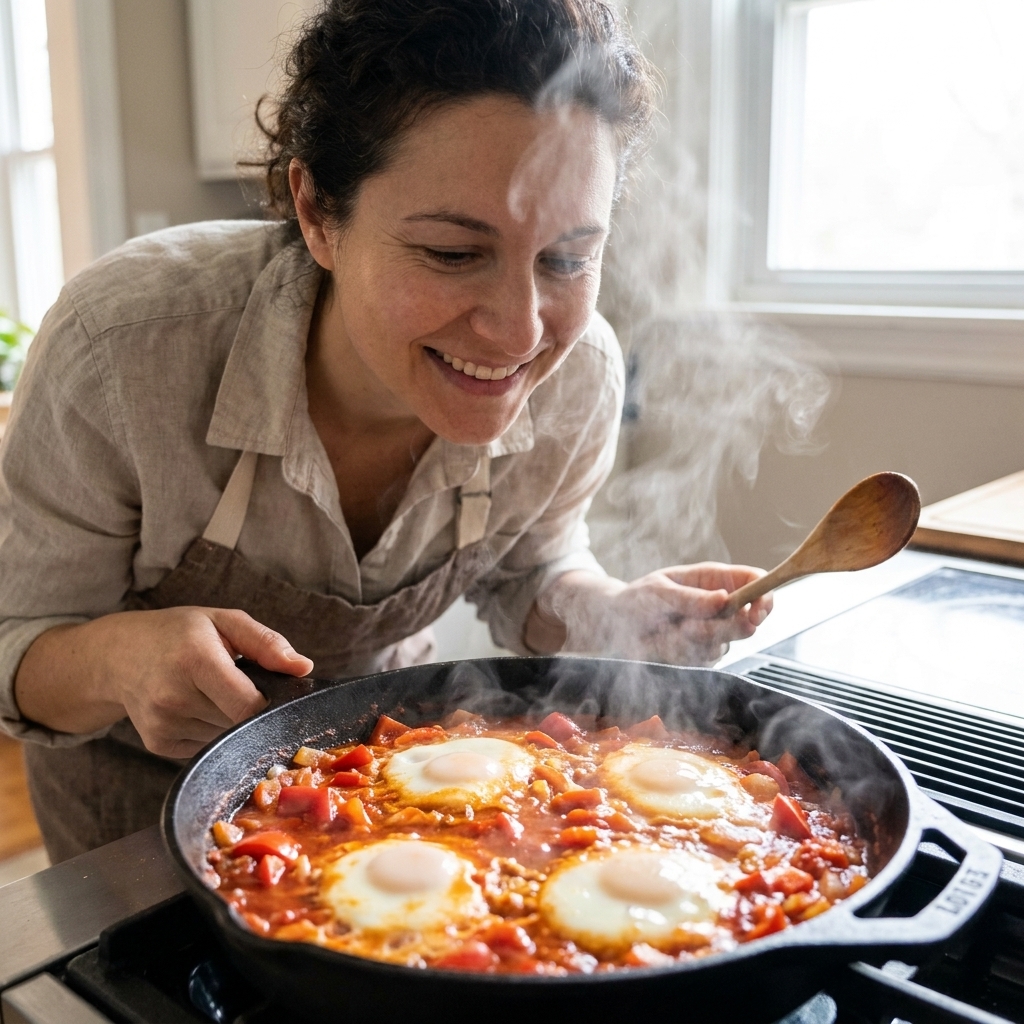 Eggs poaching in a bubbling tomato sauce with visible peppers and onions, steam rising as the dish cooks