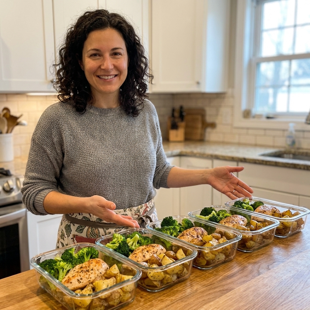 Five meal prep containers on a kitchen counter filled with roasted chicken, broccoli, and potatoes, ready for weekday lunches