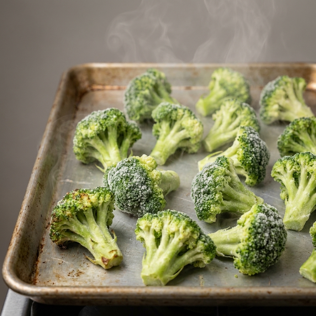 Frozen broccoli florets spread in a single layer on a hot rimmed baking sheet, beginning to roast with light frost still visible
