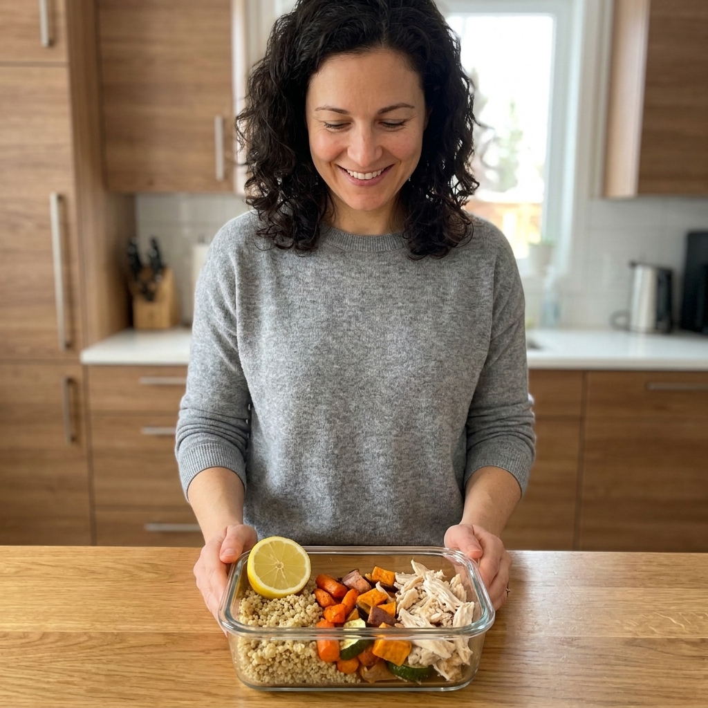 Glass meal prep container filled with quinoa, roasted vegetables, and shredded chicken with a lemon wedge beside it on a kitchen counter