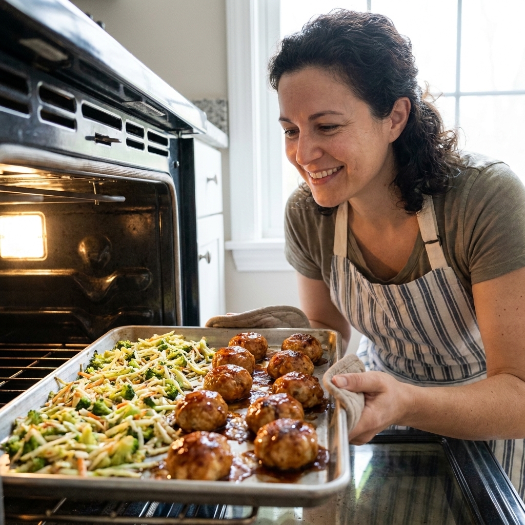 Glazed chicken meatballs roasting on a sheet pan next to lightly browned broccoli slaw