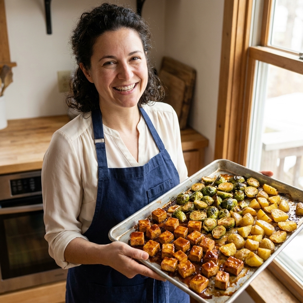 Glazed tofu cubes on a sheet pan with roasted Brussels sprouts and golden potatoes, caramelized and glossy