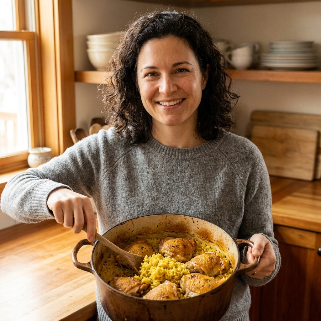 Golden-browned chicken thighs resting on a bed of fluffy rice in a large pot, with a wooden spoon ready for serving
