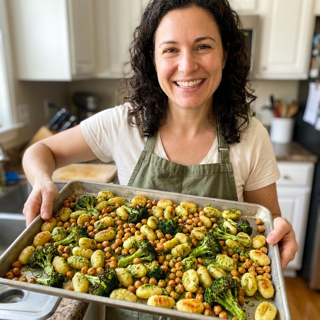 Golden roasted gnocchi and crispy chickpeas on a sheet pan, tossed with bright green pesto and roasted broccoli