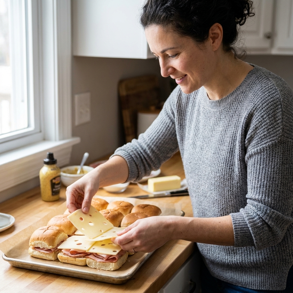 Hands assembling ham and Swiss sliders on a parchment-lined sheet pan with the roll tops lifted to show the layered filling