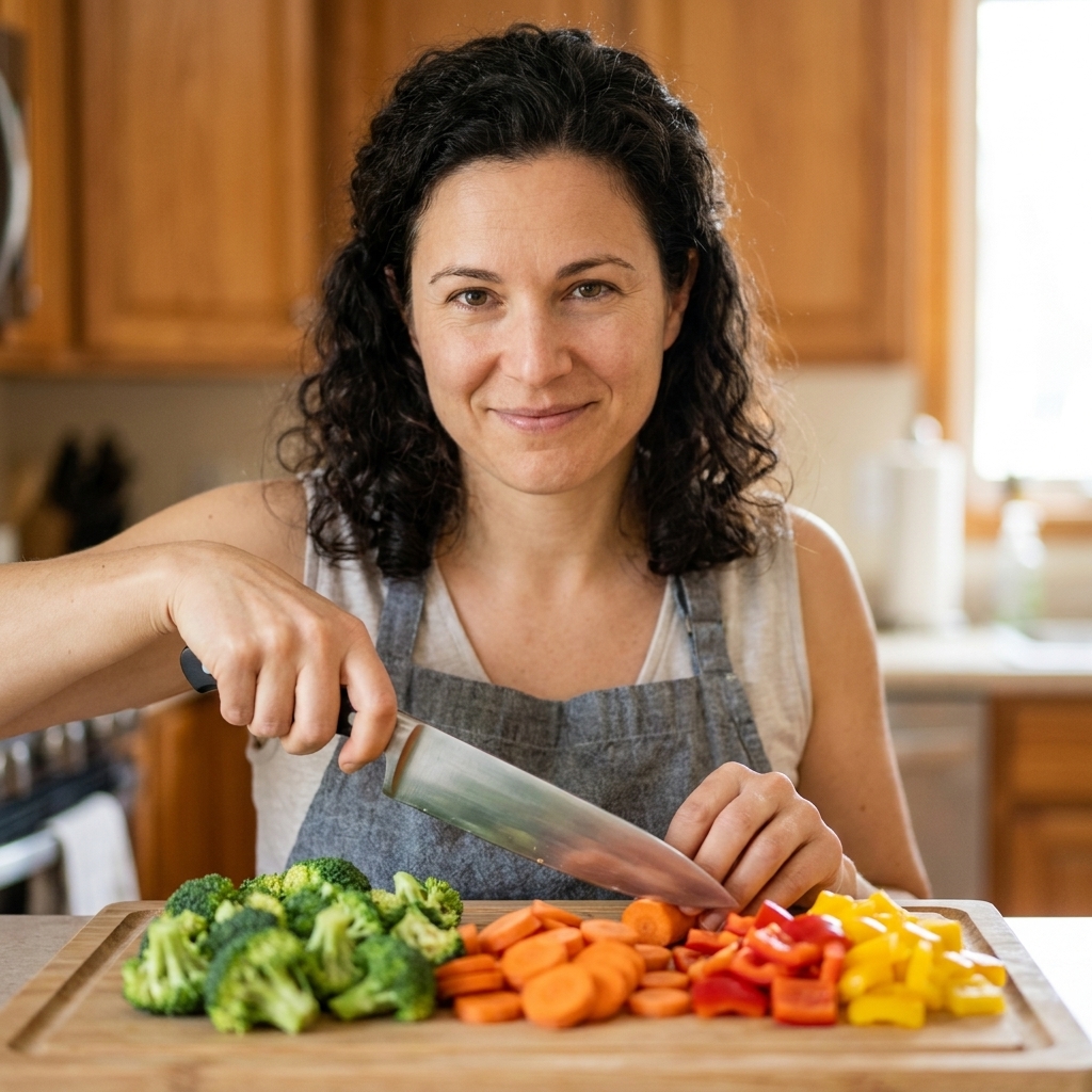 Hands holding a chef's knife over a cutting board with evenly cut broccoli florets, carrot coins, and bell pepper squares