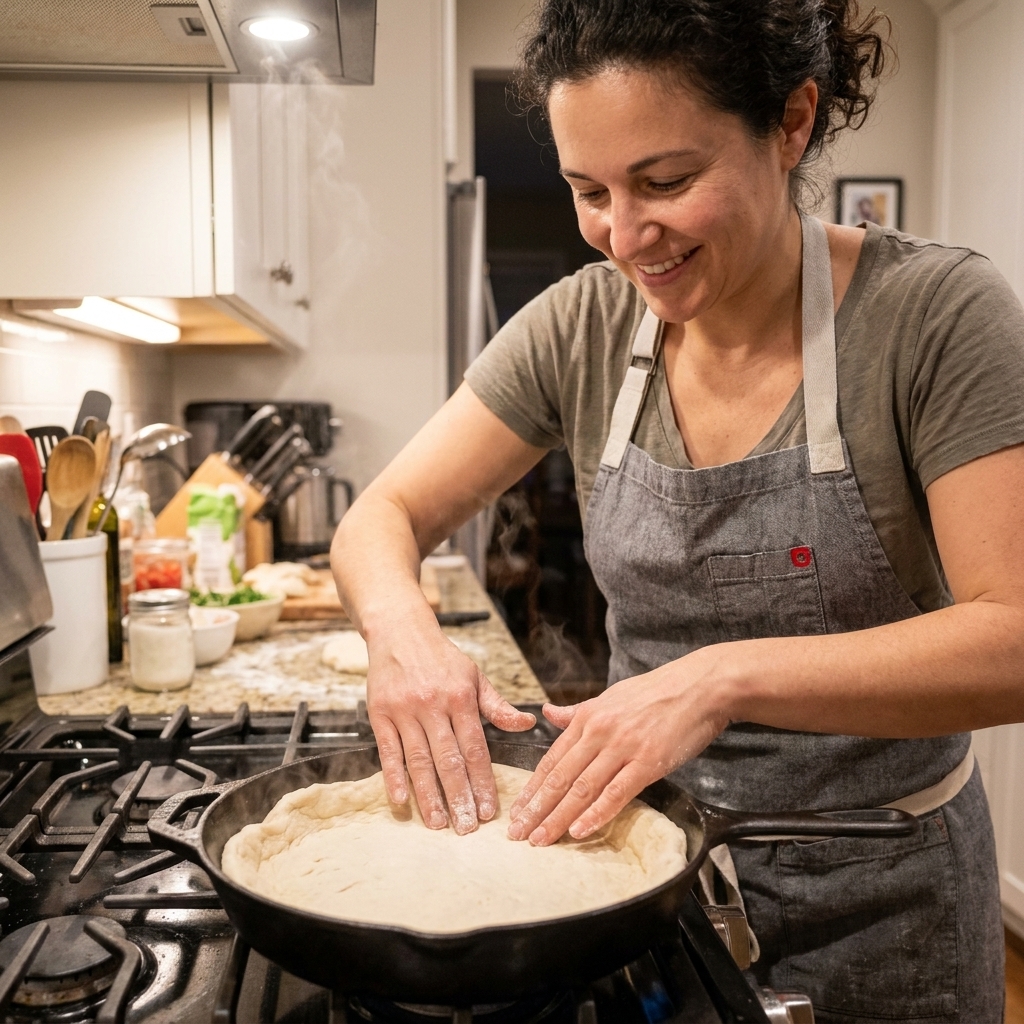 Hands pressing pizza dough up the sides of a hot cast iron skillet on a stovetop, preparing a deep-dish style crust