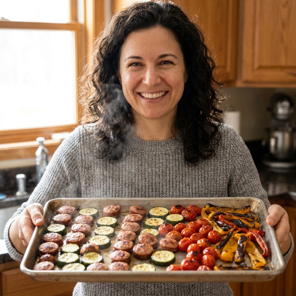 Italian smoked sausage rounds roasting with zucchini, cherry tomatoes, and bell peppers on a sheet pan, tomatoes blistered and juicy