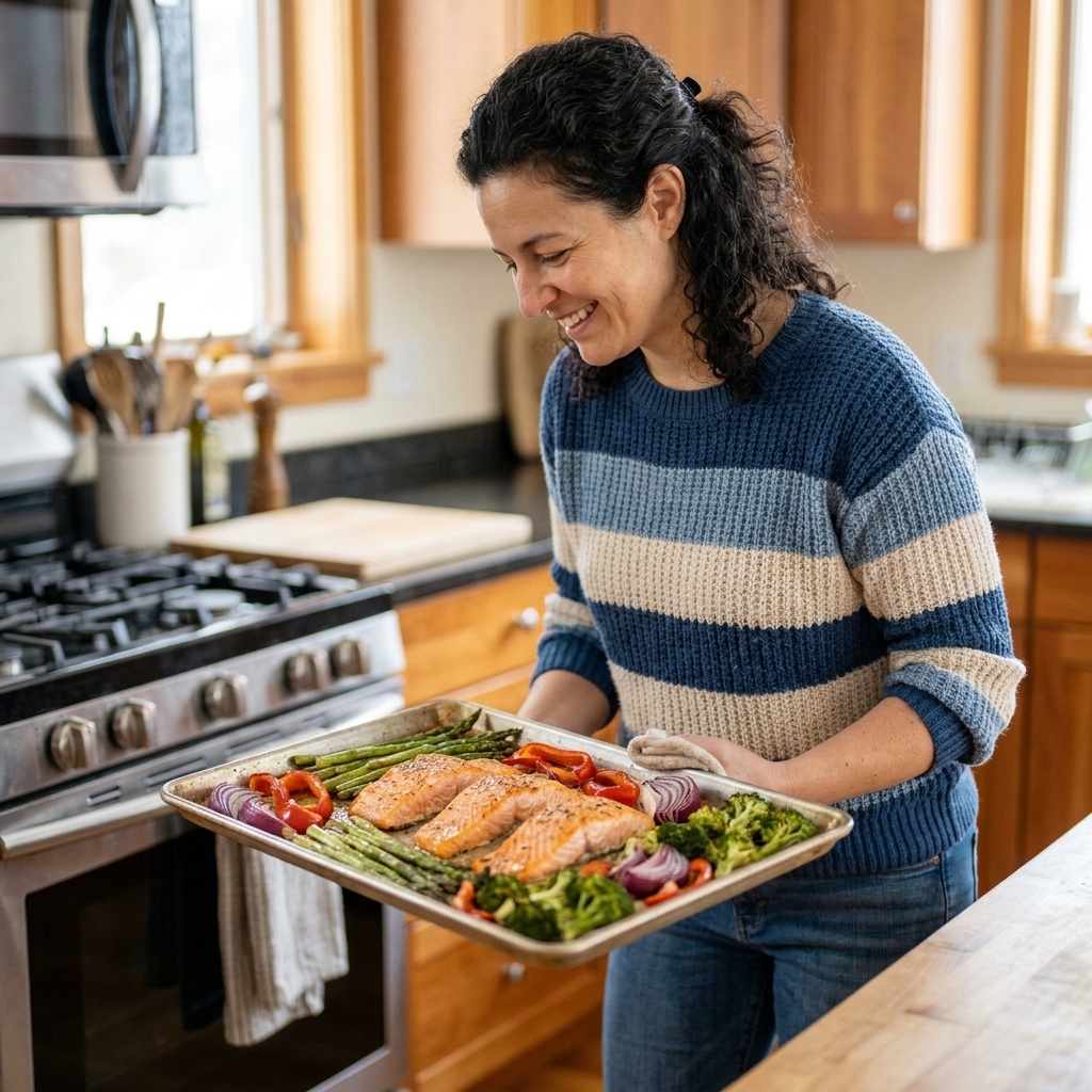 Maya Reynolds holding a rimmed baking sheet topped with roasted salmon and colorful vegetables, standing near an oven in a home kitchen
