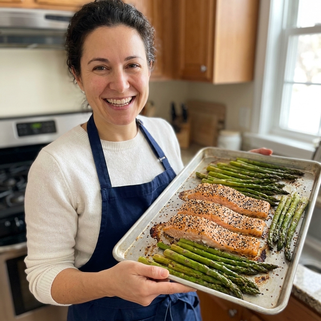 Oven-roasted salmon fillets topped with everything bagel seasoning on a sheet pan beside roasted asparagus