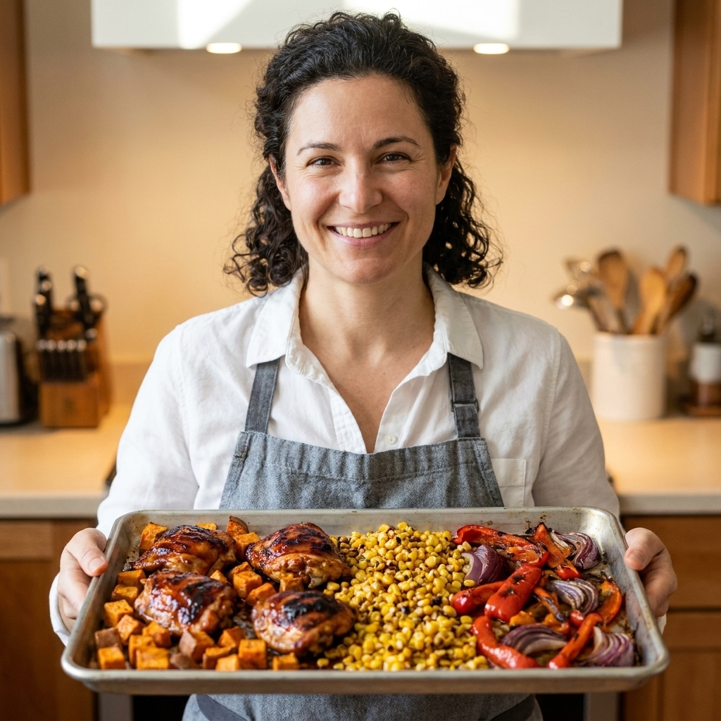 Roasted BBQ chicken thighs on a sheet pan with caramelized sweet potato cubes, corn, and roasted peppers and onions