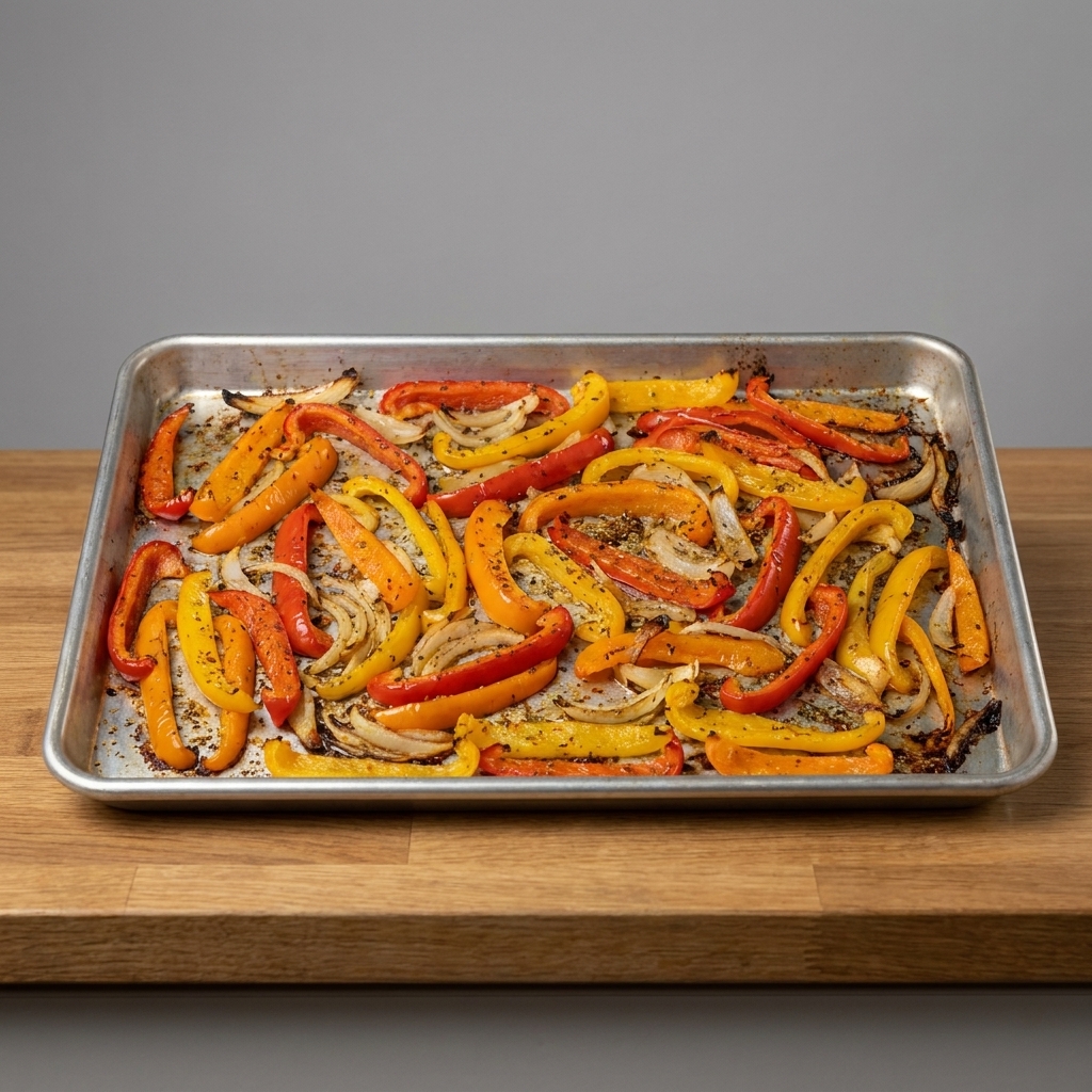 Roasted bell peppers and onion strips on a rimmed sheet pan with browned, caramelized edges and visible spices