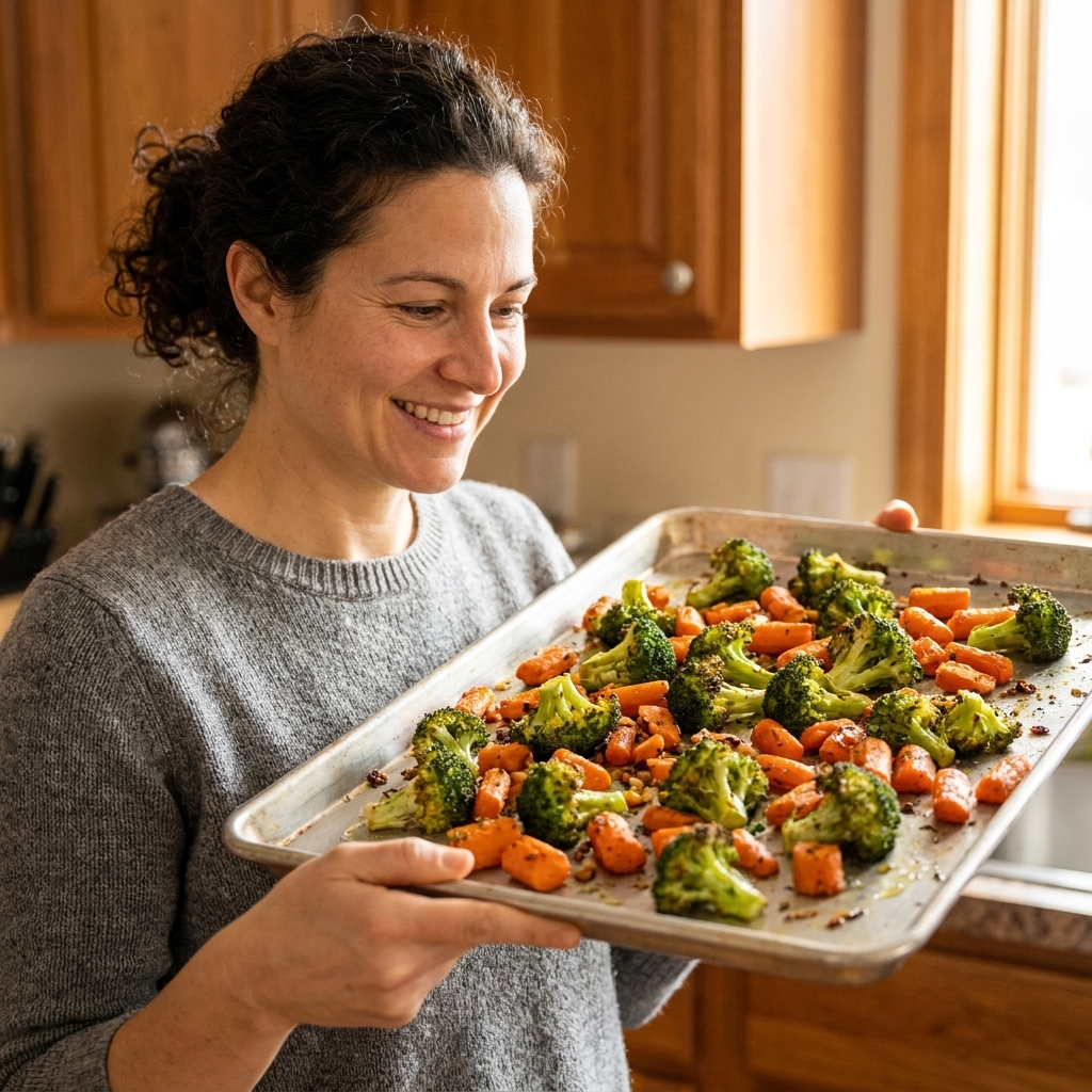 Roasted broccoli and carrots on a sheet pan with browned edges and small caramelized bits, photographed in warm kitchen light