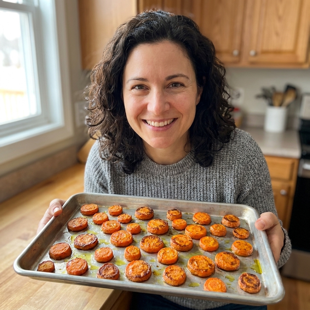 Roasted carrot slices with browned edges scattered on a sheet pan with a light sheen of olive oil