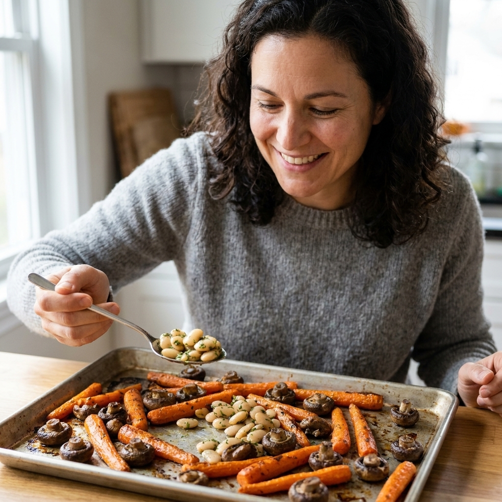 Roasted carrots and mushrooms on a sheet pan with browned edges, with a small bowl of herby butter beans ready to spoon over top