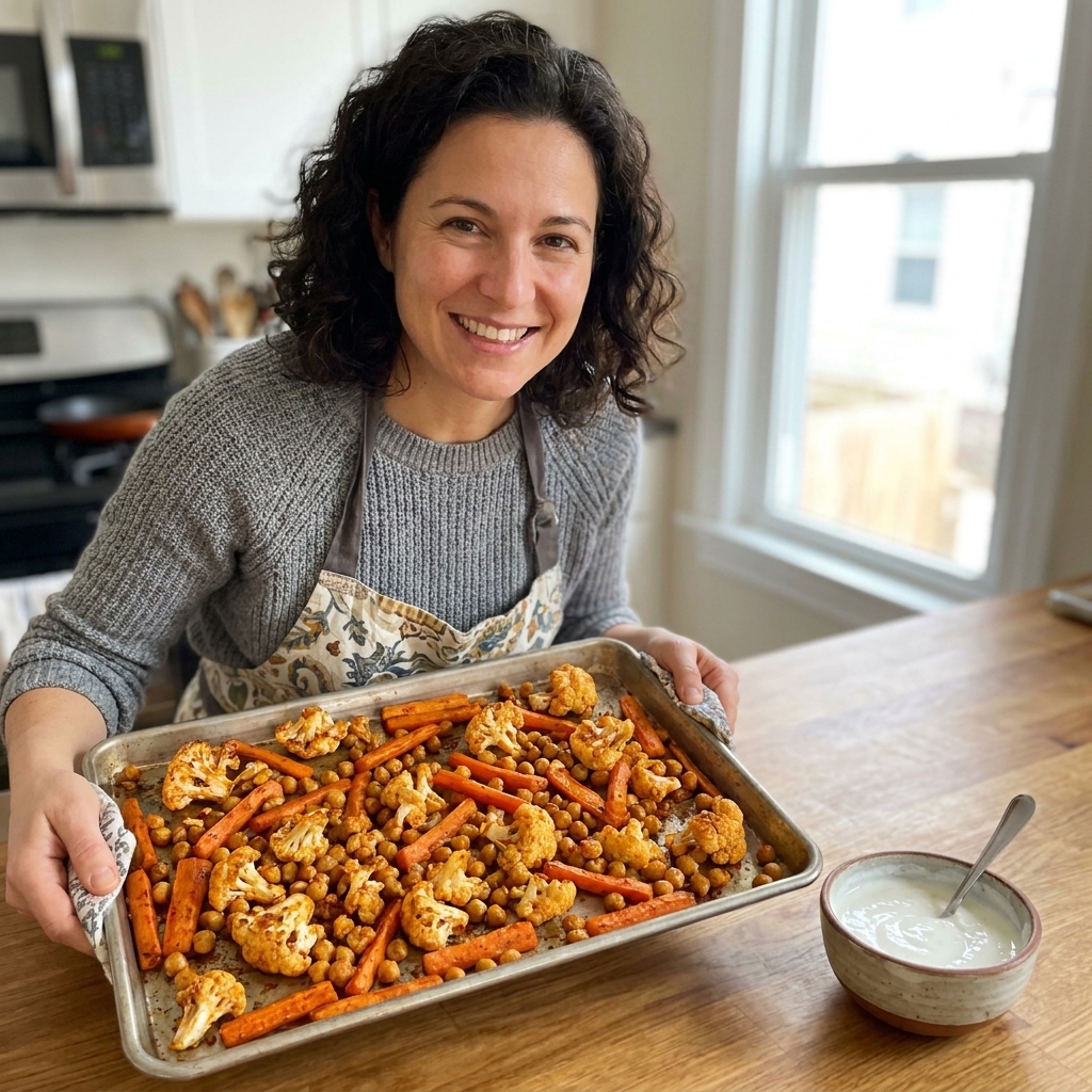 Roasted cauliflower and carrots mixed with harissa-spiced chickpeas on a sheet pan, served with a bowl of yogurt sauce on the side