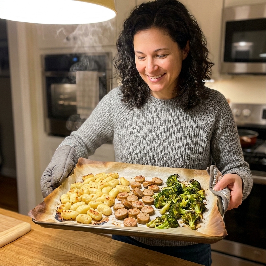 Roasted cauliflower gnocchi, sliced chicken sausage, and broccoli on a parchment-lined sheet pan with browned edges