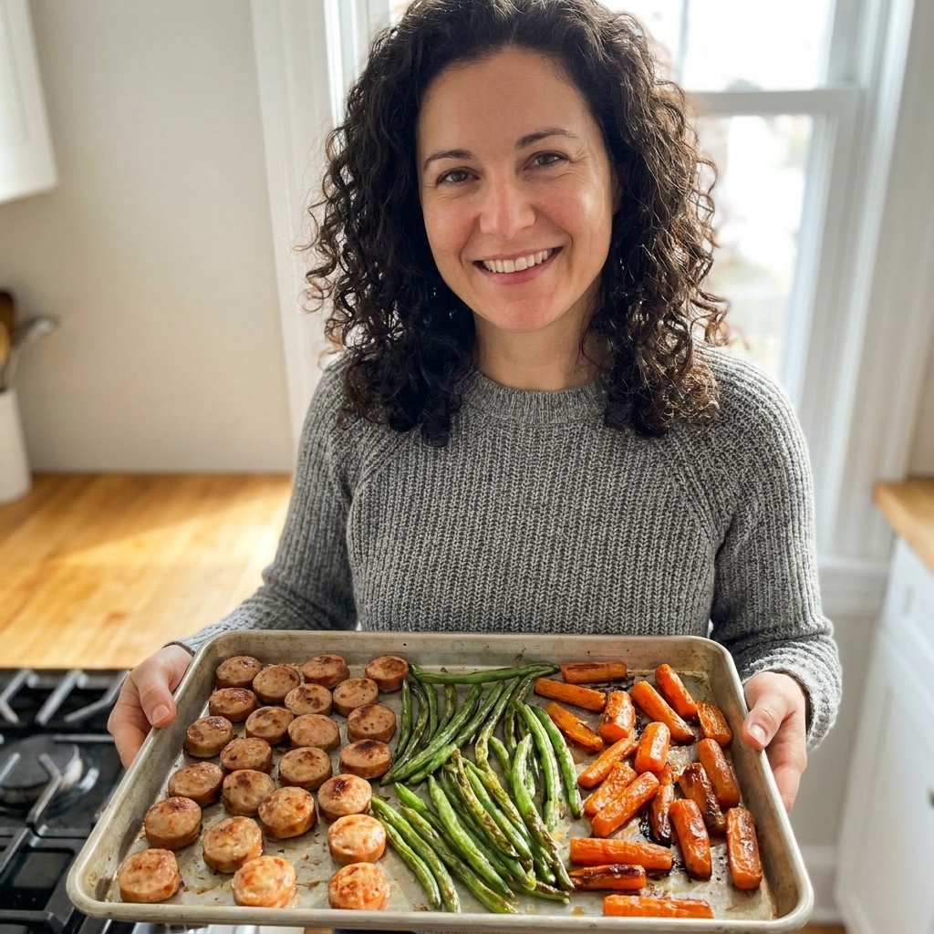 Roasted chicken apple sausage coins with blistered green beans and tender roasted carrots spread across a sheet pan