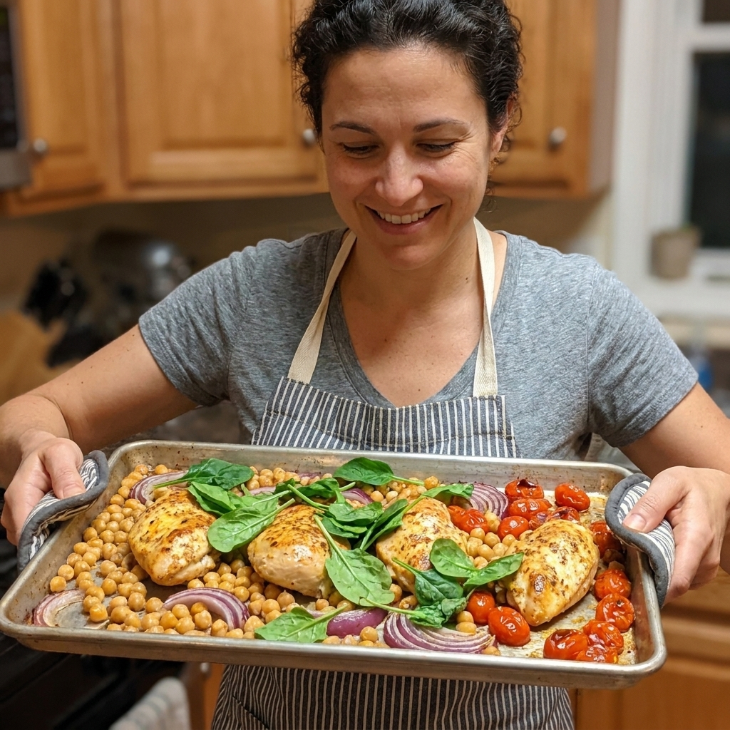Roasted chicken breast with chickpeas, red onion, and cherry tomatoes on a sheet pan, with fresh spinach wilting from the heat