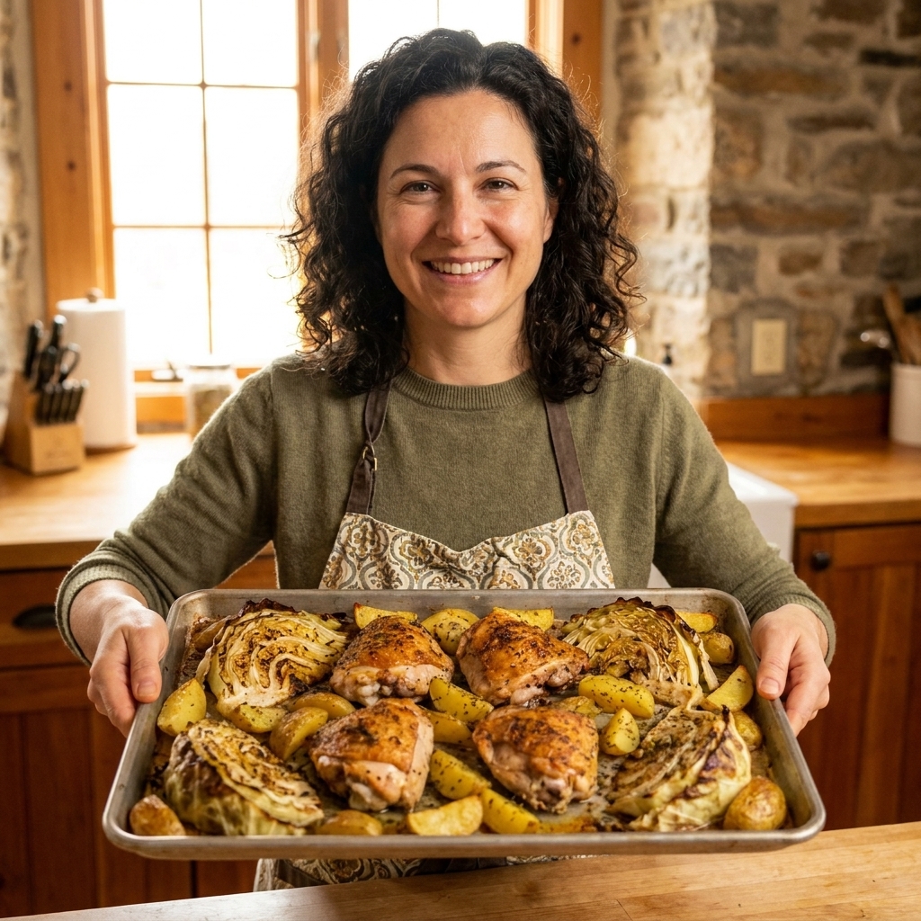 Roasted chicken thighs with crisp skin on a sheet pan beside browned cabbage wedges and golden potatoes