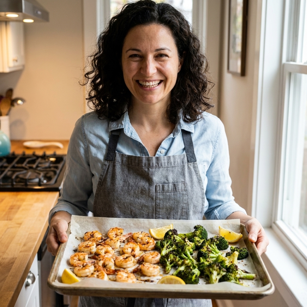 Roasted garlic butter shrimp nestled beside charred broccoli florets on a parchment-lined sheet pan with lemon wedges