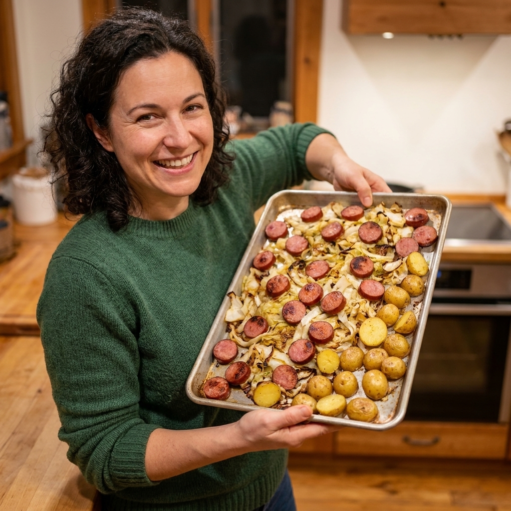 Roasted kielbasa coins with browned edges alongside caramelized cabbage and golden baby potatoes on a rimmed baking sheet