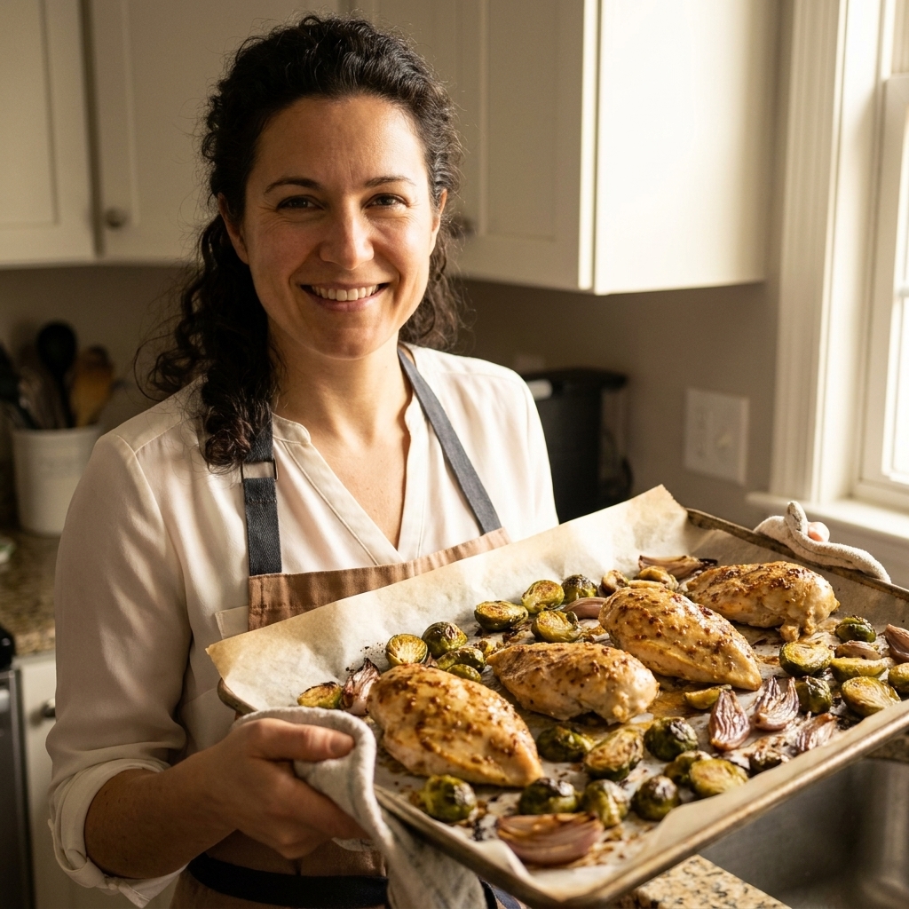 Roasted maple Dijon chicken breast with browned Brussels sprouts and caramelized shallots on a parchment-lined sheet pan