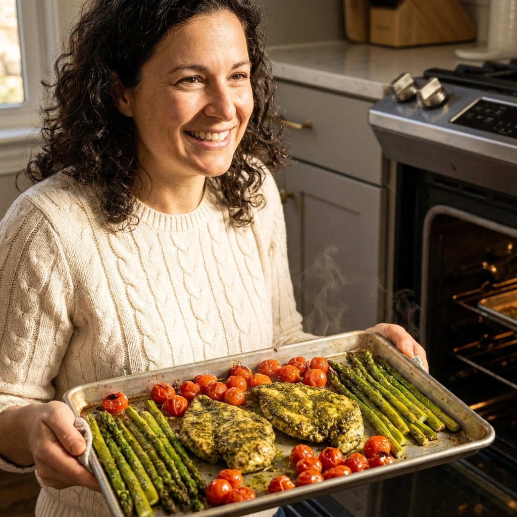 Roasted pesto-coated chicken cutlets on a sheet pan with blistered asparagus spears and burst cherry tomatoes