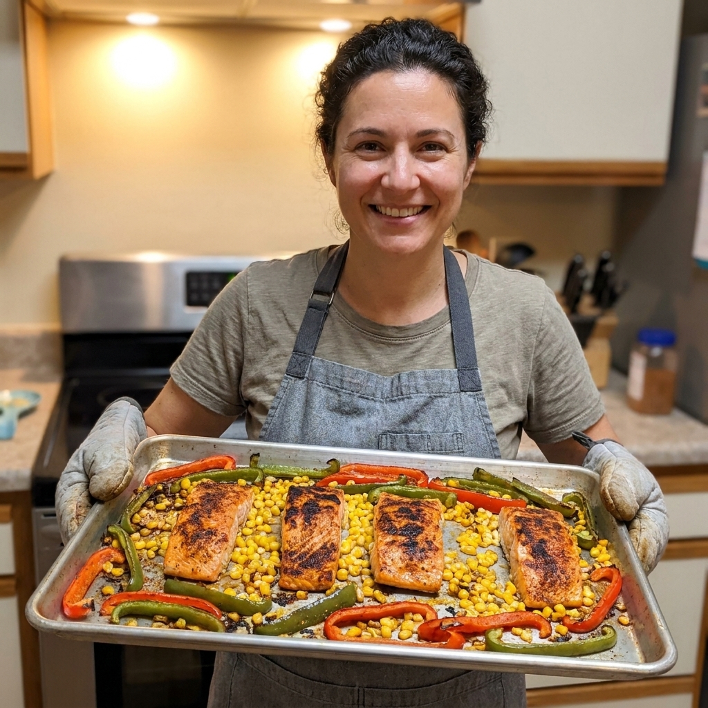 Roasted salmon fillets on a sheet pan with Cajun-spiced bell peppers and corn, lightly charred in spots