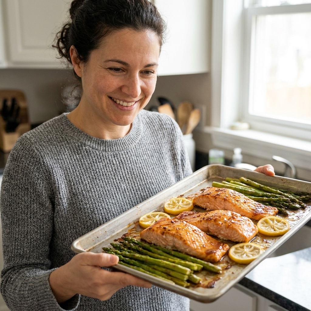 Roasted salmon fillets on a sheet pan with asparagus spears and lemon slices, lightly browned with a glossy finish
