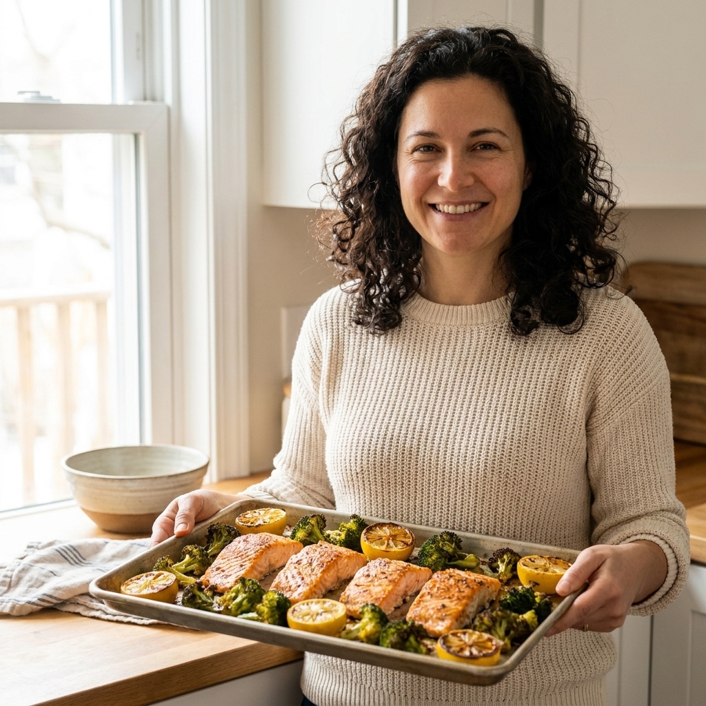 Roasted salmon fillets on a sheet pan with browned broccoli florets and lemon wedges, photographed in natural kitchen light