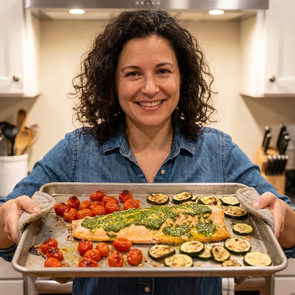 Roasted salmon topped with pesto on a sheet pan with blistered cherry tomatoes and browned zucchini slices