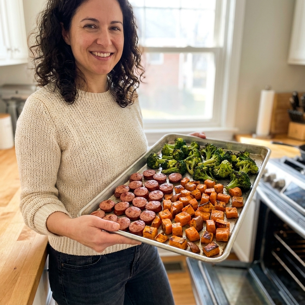 Roasted smoked turkey sausage slices with caramelized sweet potato cubes and bright green broccoli florets on a baking sheet
