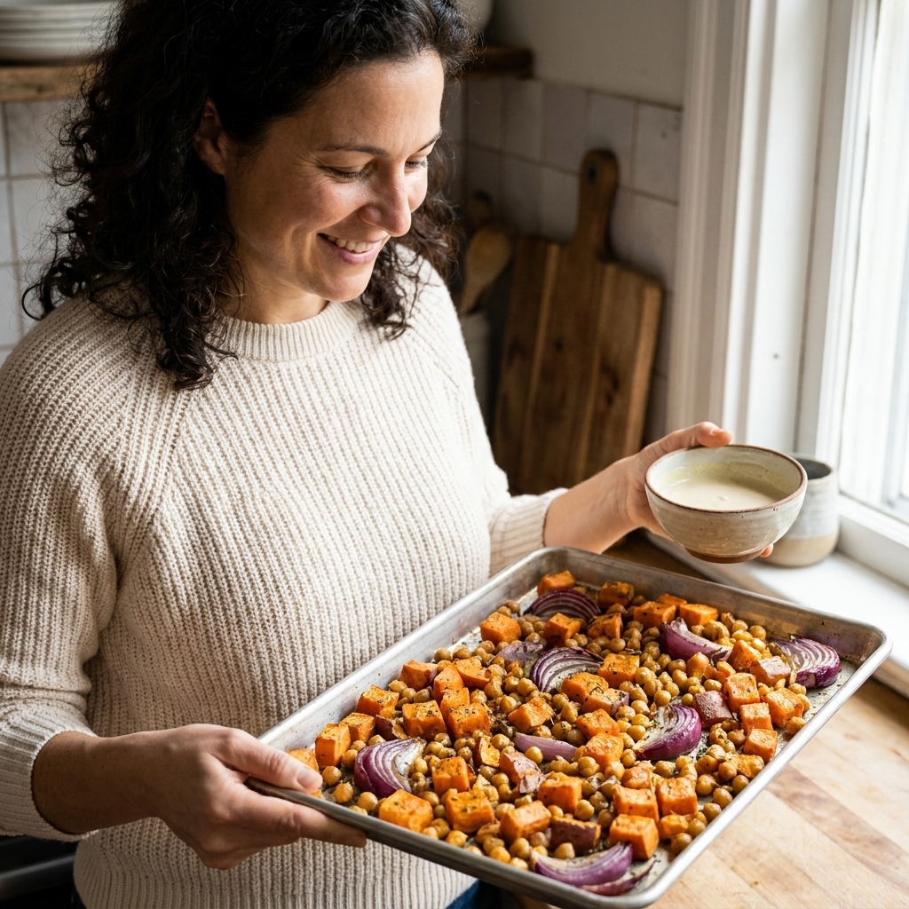 Roasted sweet potato cubes and chickpeas on a sheet pan with red onion wedges, served with a small bowl of lemon tahini sauce