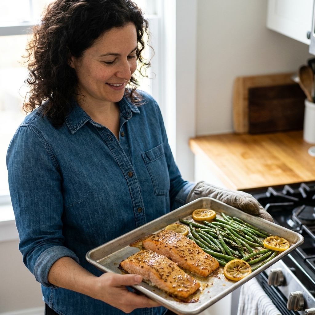 Salmon fillets glazed with Dijon alongside roasted green beans on a sheet pan with lemon slices