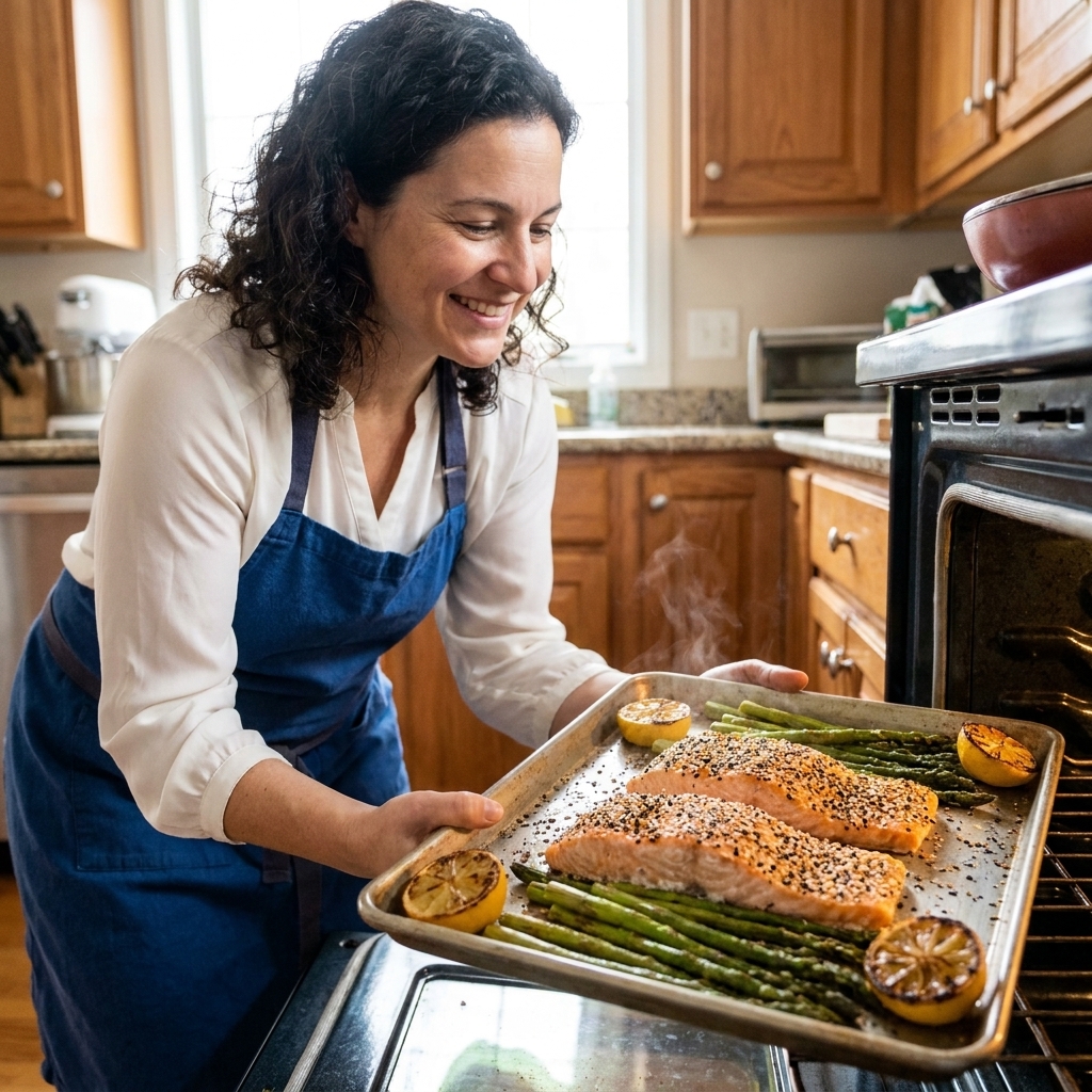 Salmon fillets topped with everything bagel seasoning roasting on a sheet pan with asparagus and lemon wedges