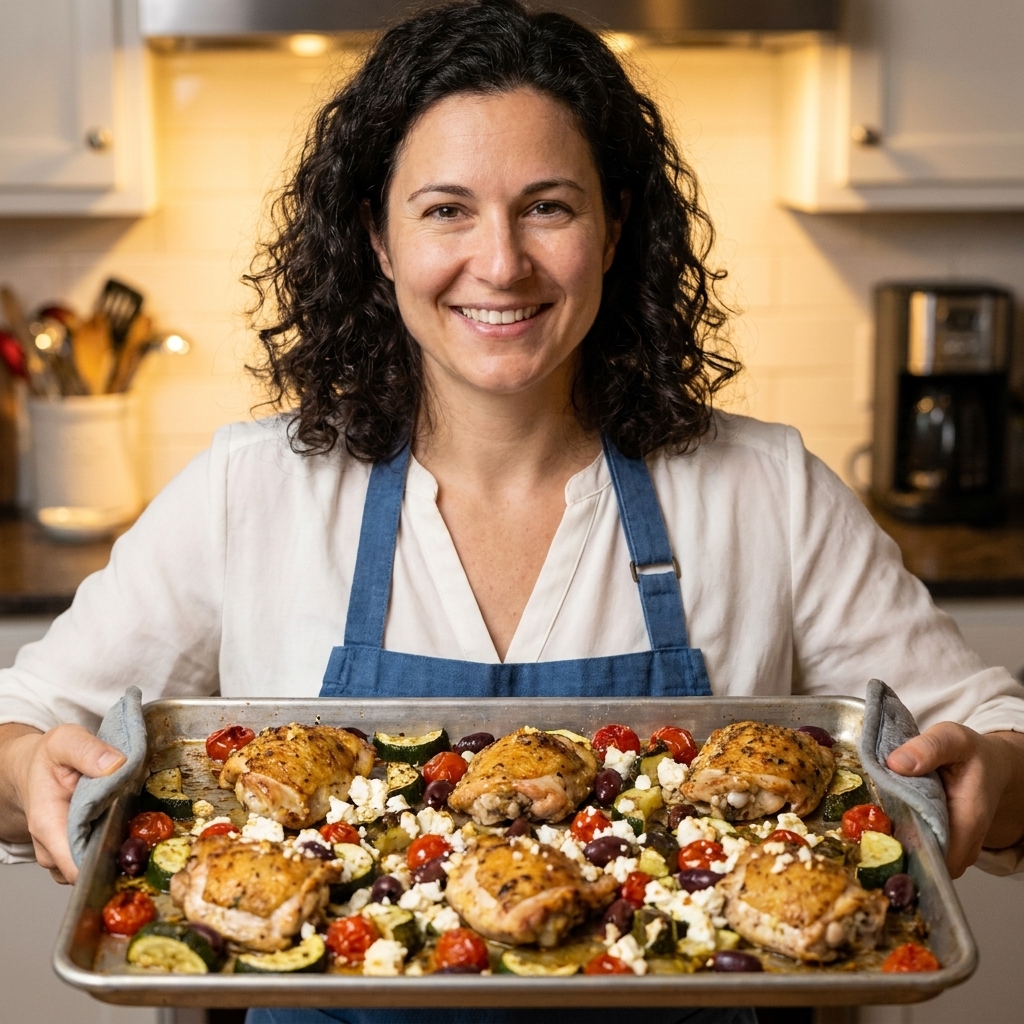 Sheet pan Greek chicken with roasted zucchini and burst cherry tomatoes, finished with crumbled feta and scattered olives