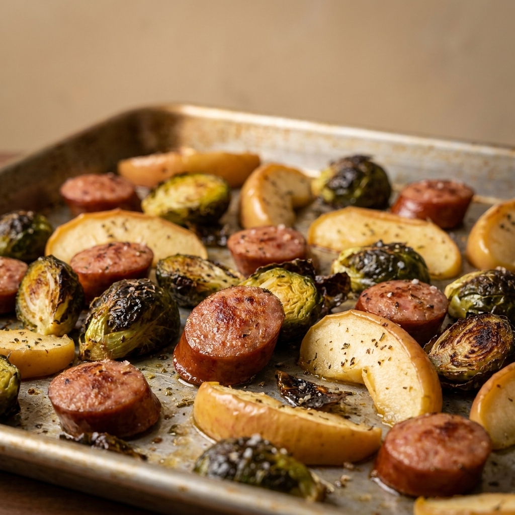 Sheet pan dinner with browned smoked sausage rounds, roasted Brussels sprouts with crispy leaves, and tender apple wedges