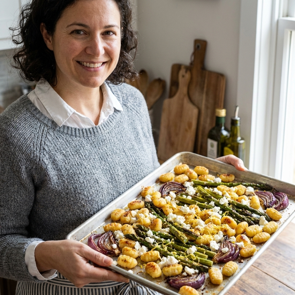 Sheet pan of crispy roasted gnocchi with asparagus and red onion, finished with crumbled feta and fresh lemon zest