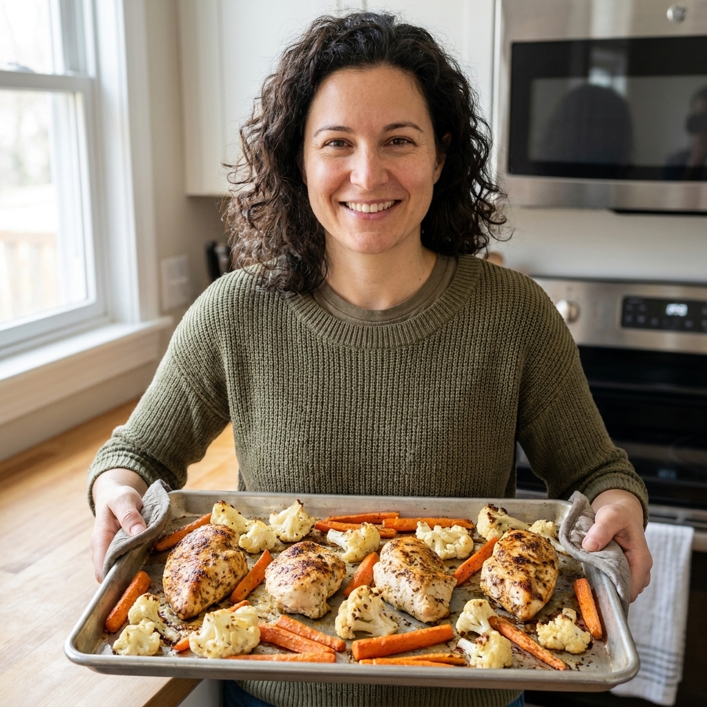 Sheet pan ranch-seasoned chicken breast with roasted cauliflower florets and carrots, browned and crisp at the edges