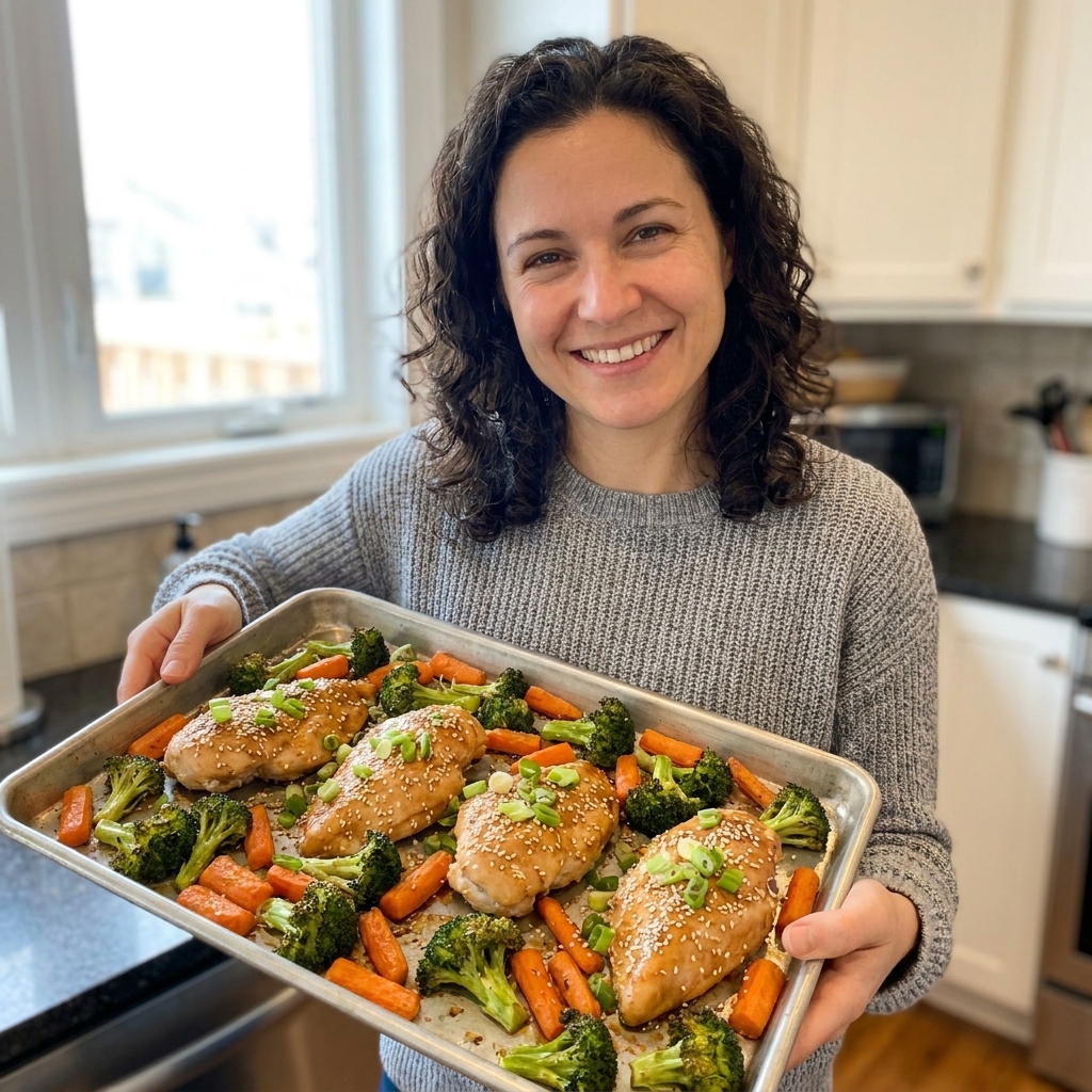 Sheet pan sesame ginger chicken breast with roasted broccoli and carrots, topped with sesame seeds and sliced scallions