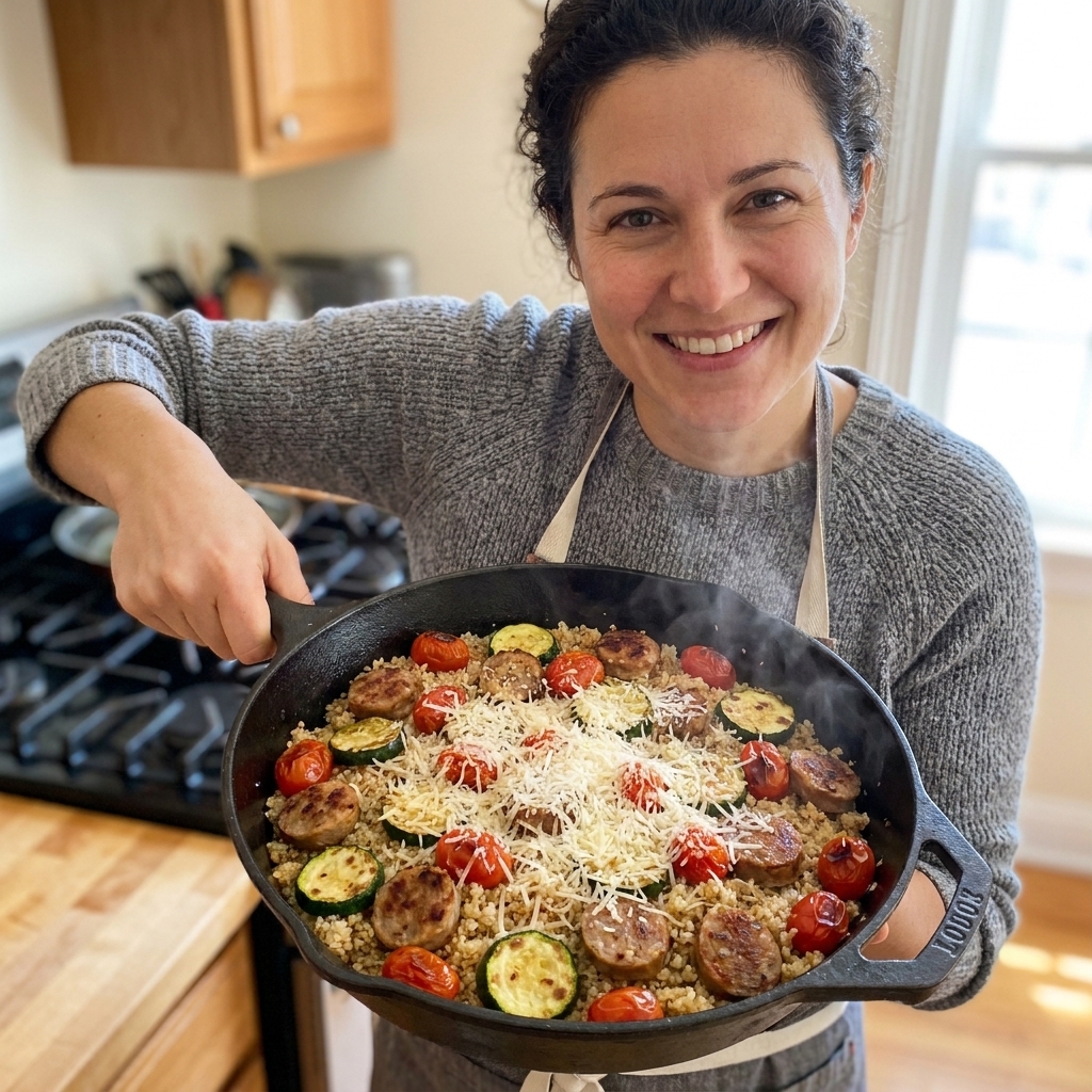 Skillet of quinoa with browned Italian sausage slices, zucchini rounds, and cherry tomatoes topped with grated parmesan