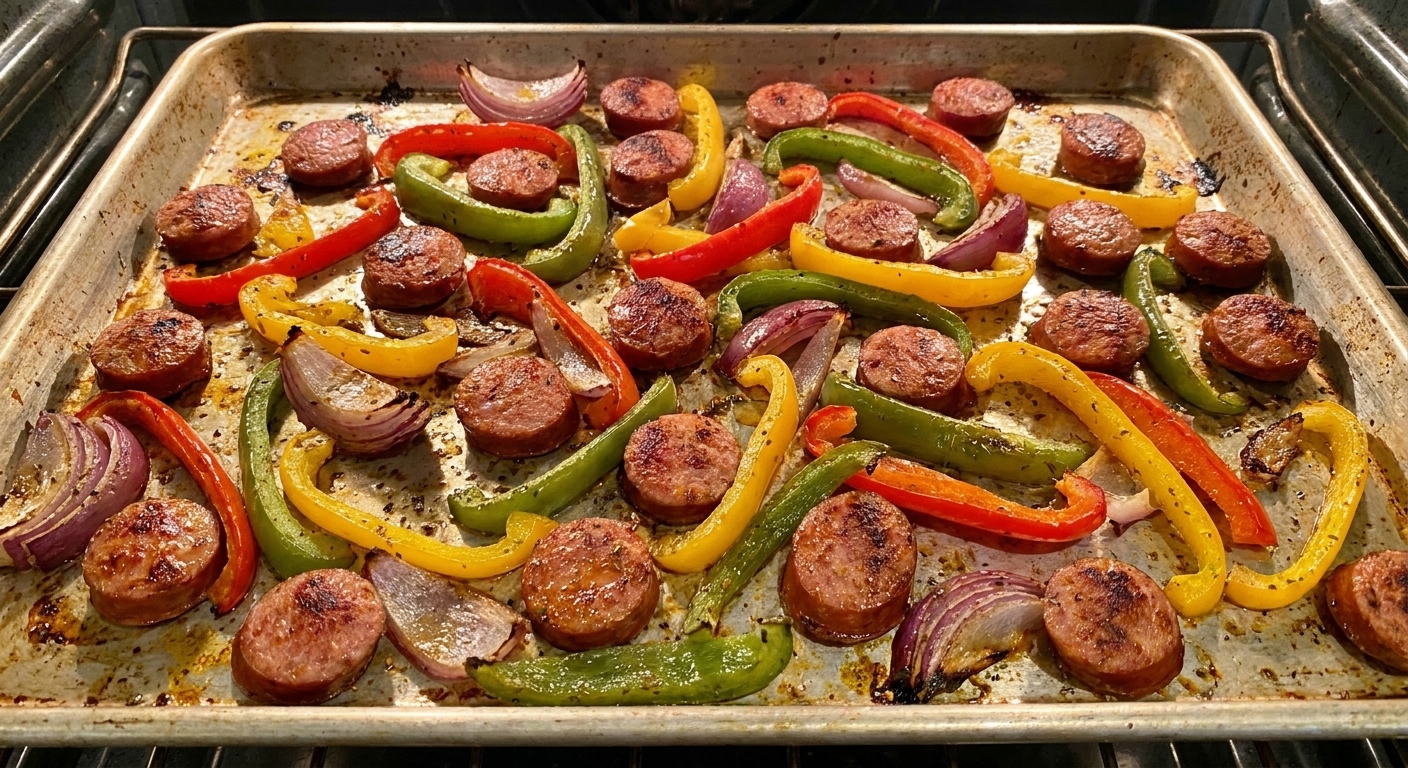 Sliced andouille sausage roasting with mixed bell pepper strips and red onion wedges on a sheet pan, lightly charred at the edges