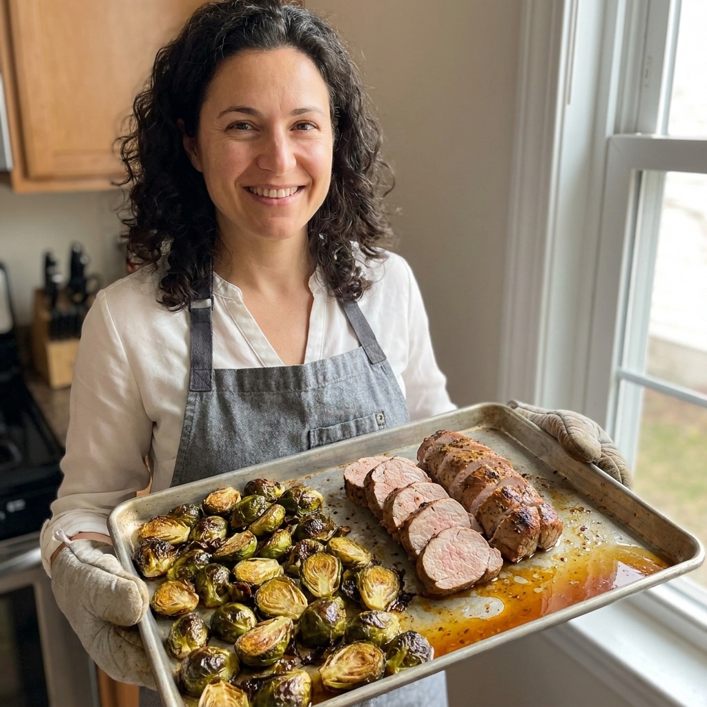 Sliced pork tenderloin on a sheet pan with deeply roasted Brussels sprouts and pan juices gathered in the corners