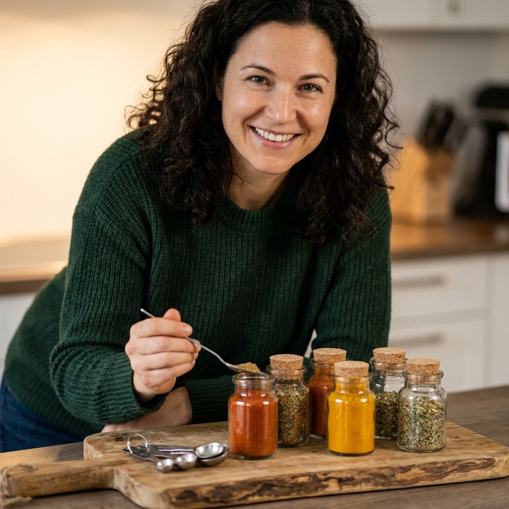 Small glass jars filled with different homemade spice blends on a wooden cutting board next to measuring spoons