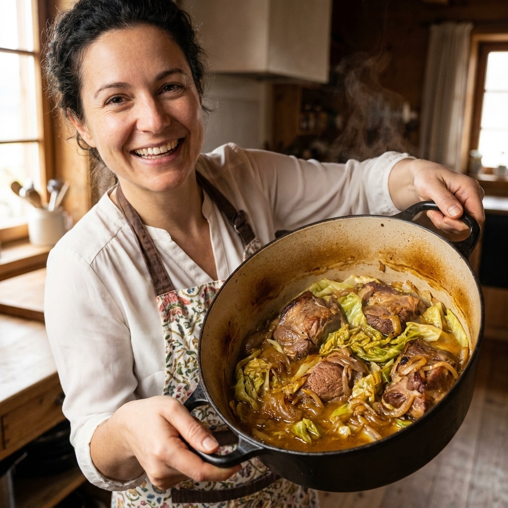 Tender chunks of beer-braised pork with wilted cabbage and onions in a Dutch oven, with a rich golden-brown braising liquid
