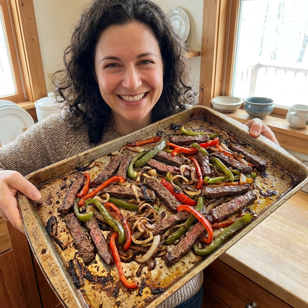 Thin strips of cooked steak with roasted peppers and onions on a baking sheet, with browned edges and glistening seasoning