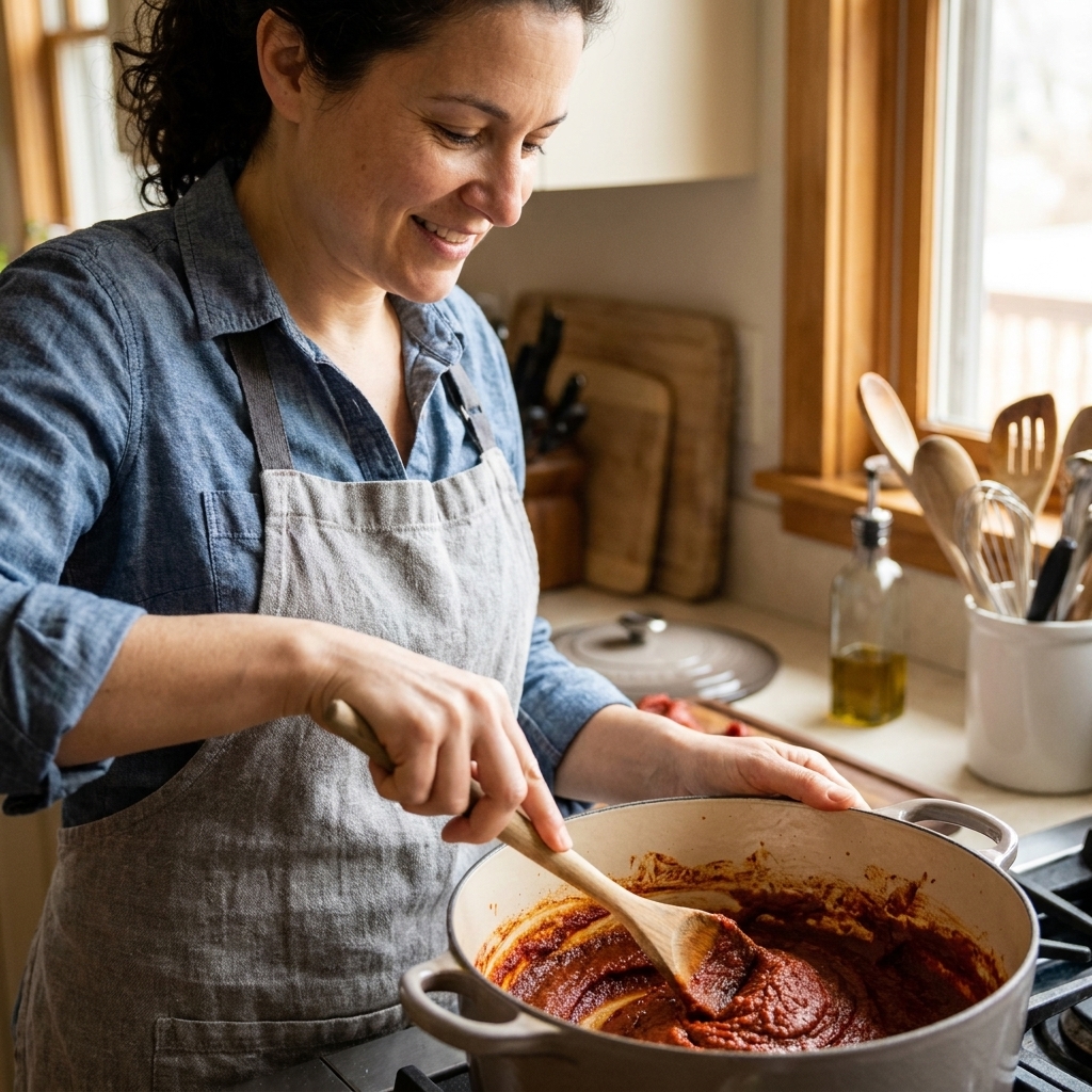 Tomato paste sizzling in a Dutch oven with a wooden spoon stirring, the paste darkening to a brick-red color